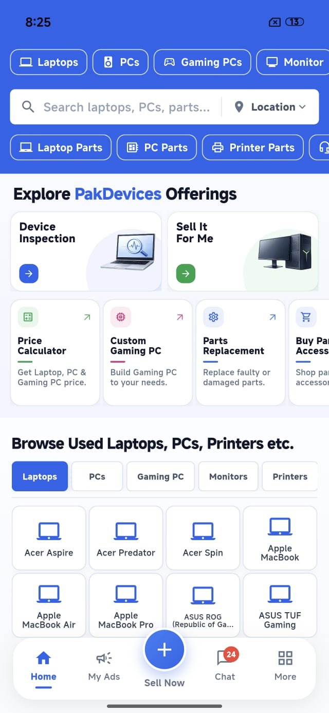 PakDevices mobile app home screen showing laptops, PCs, gaming PCs, monitors, printers and device services