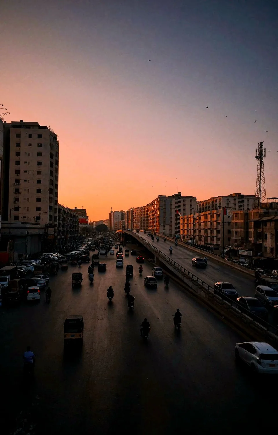 Rawalpindi city streets and buildings at sunset