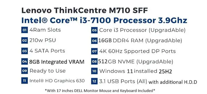 16GB DDR4 RAM | 512GB SSD | Core i3 7th Gen 3.9Ghz Complete Set Lenovo
