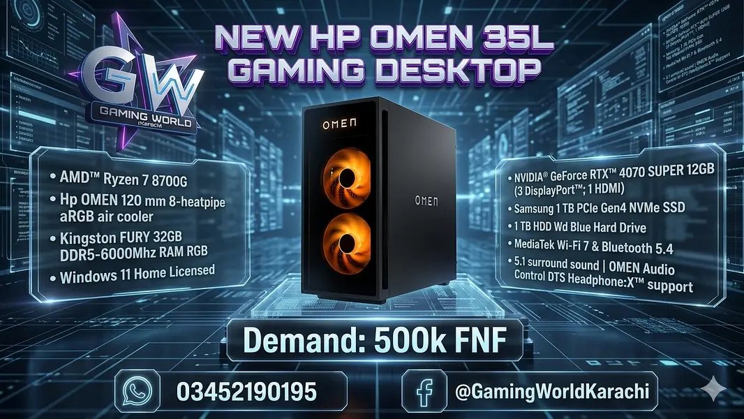 HP OMEN 35L - AMD Ryzen 7 - GeForce RTX 4070 Super - 32GB RAM - 1TB SSD for Sale in Karachi